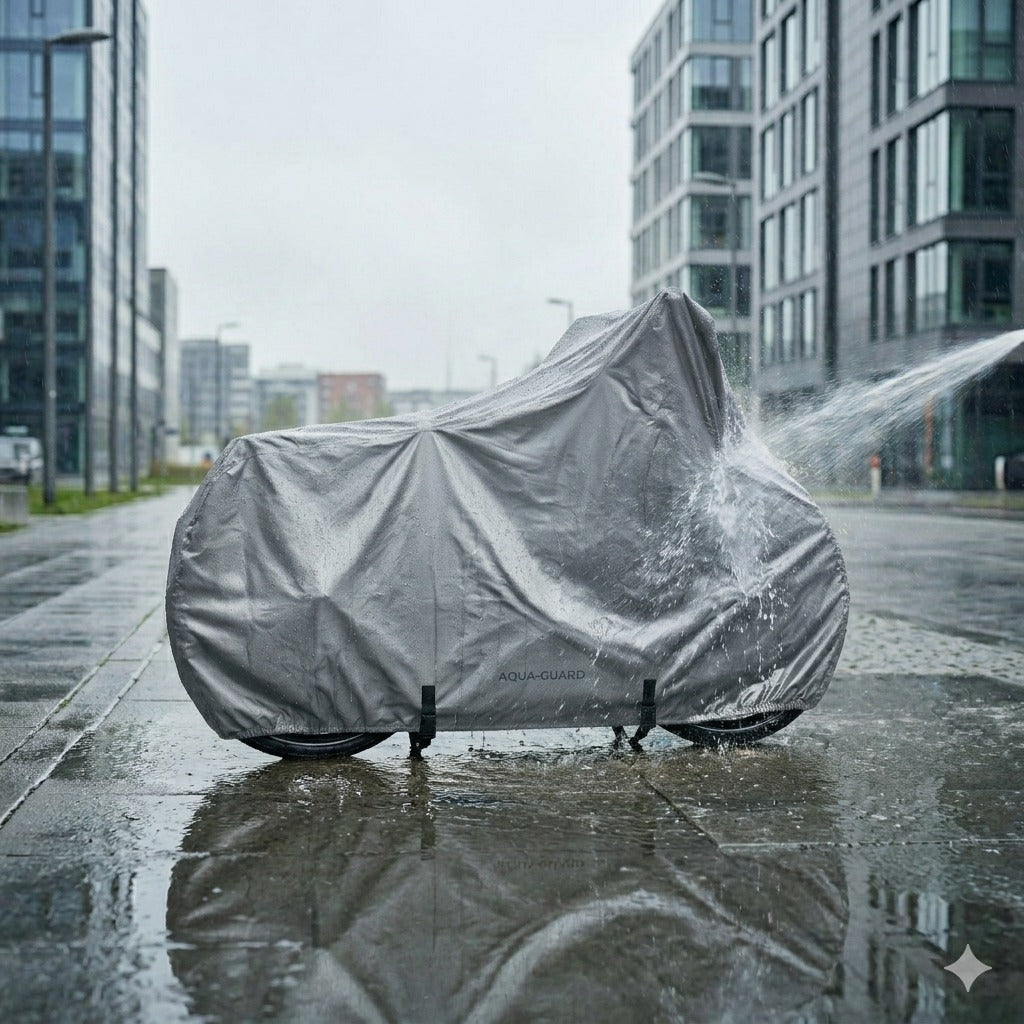 Aqua-Guard waterproof motorcycle cover in heavy rain on a city street