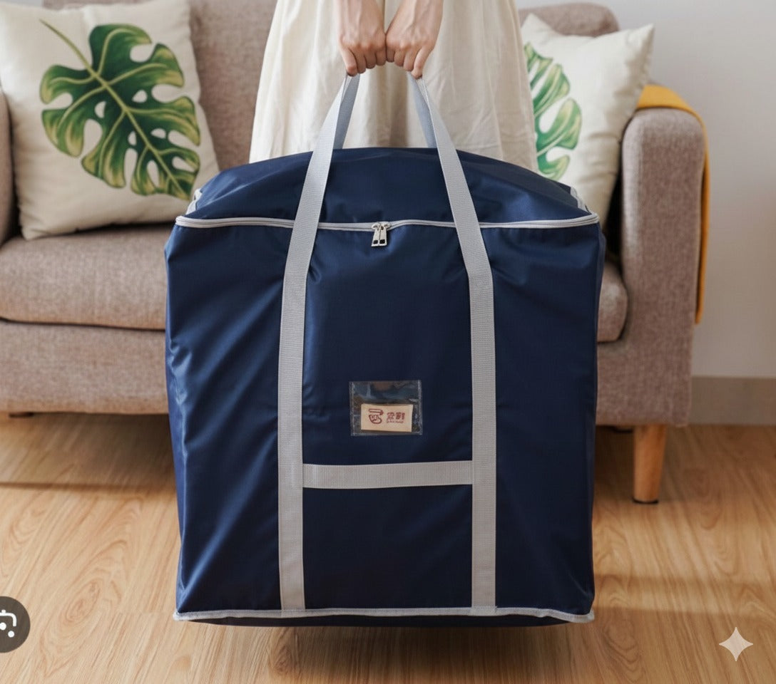 Large navy blue Oxford storage bag with grey handles and zipper closure