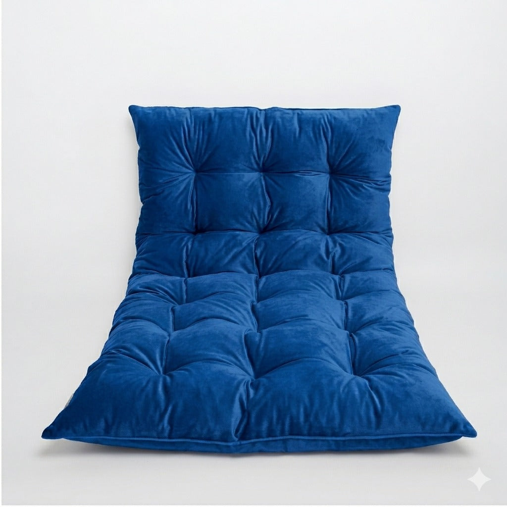 Navy blue velvet tufted floor lounger cushion with foldable backrest